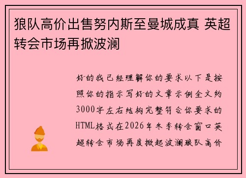 狼队高价出售努内斯至曼城成真 英超转会市场再掀波澜
