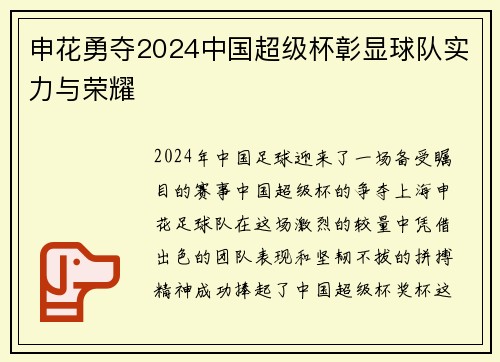 申花勇夺2024中国超级杯彰显球队实力与荣耀
